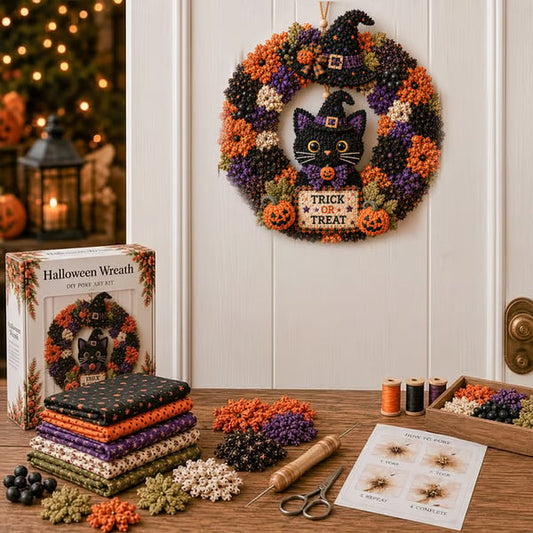 🎃 Halloween Black Cat 3D Fabric Poke Wreath DIY Kit